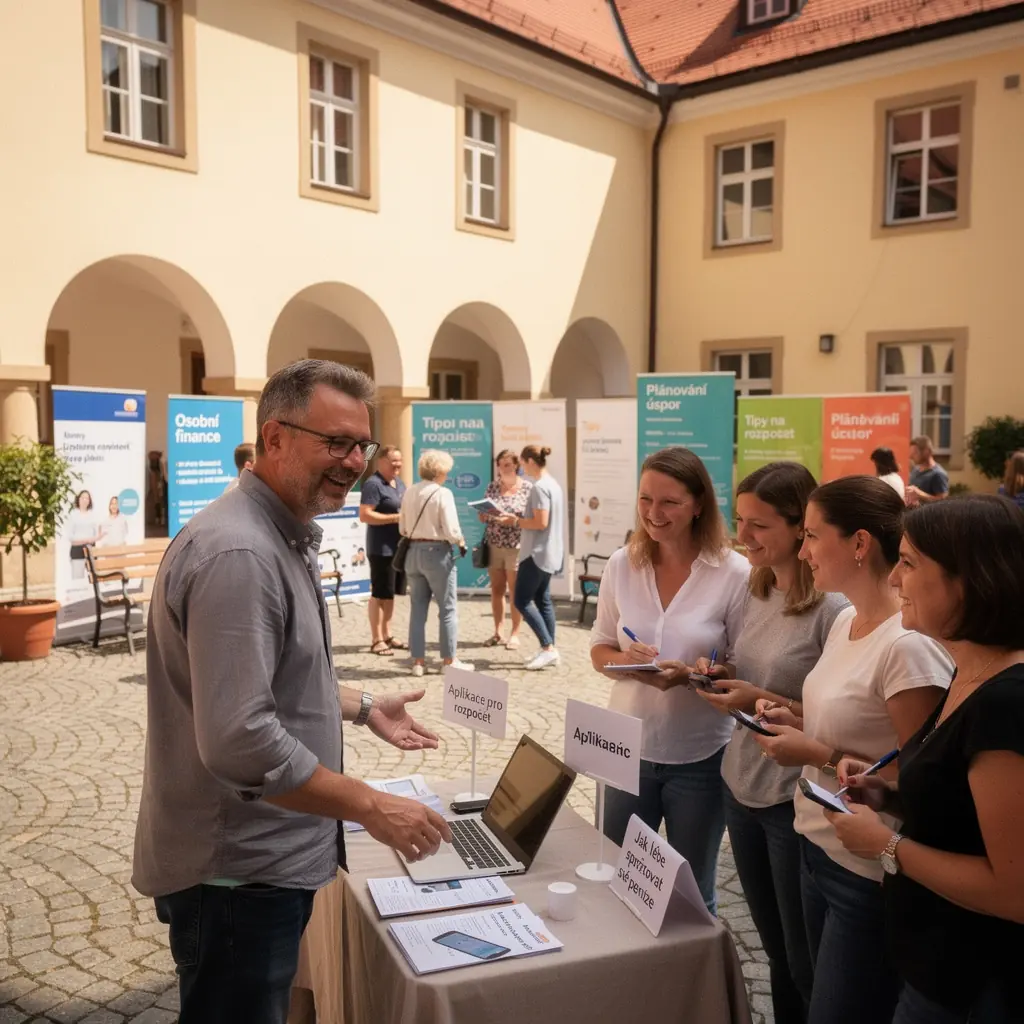 Skupina lidí se učí o osobních financích na workshopu